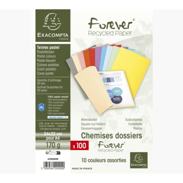 PAQUET DE 100 CHEMISE CARTONNEE EXACOMPTA 420000E COULEUR ASSORTIE 170G